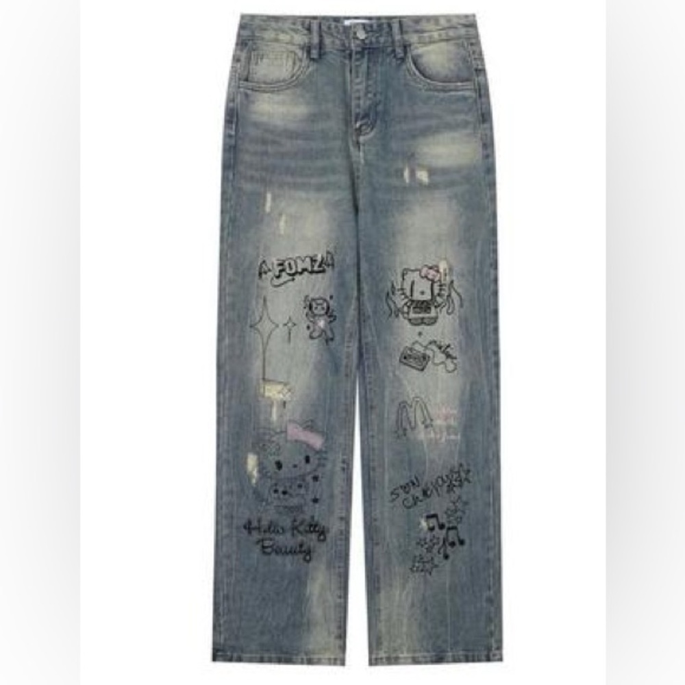 Hello Kitty Graphic Denim Wide Leg Gothic Jeans - Picture 2 of 9